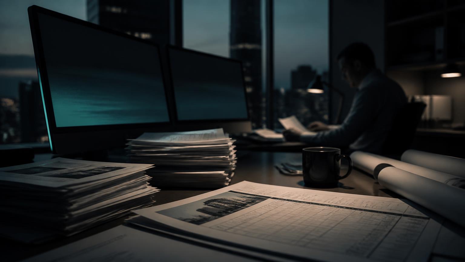 An underwriter reviewing commercial property submission documents at a desk after hours